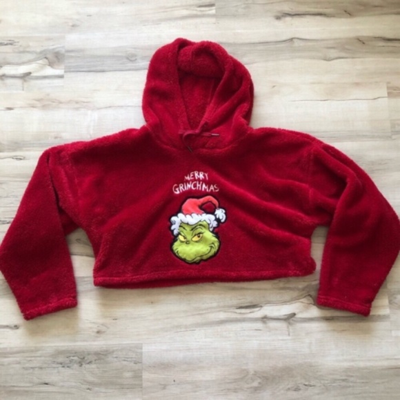 Merry Grinchmas Red Holiday Sherpa Cropped Sweater - Picture 1 of 5